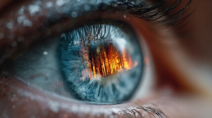 Intense blue eye reflecting a dramatic forest fire scene, capturing deep emotions and environmental themes, perfect for impactful storytelling and thought-provoking campaigns