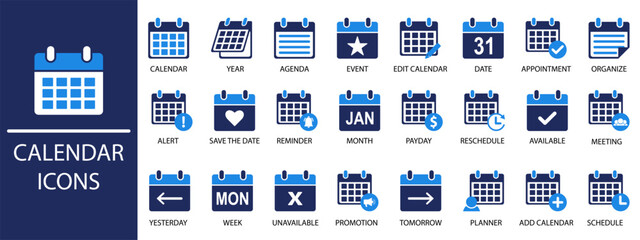 Set of Calendar Flat colored icons, editable color, pixel-perfect vector icons