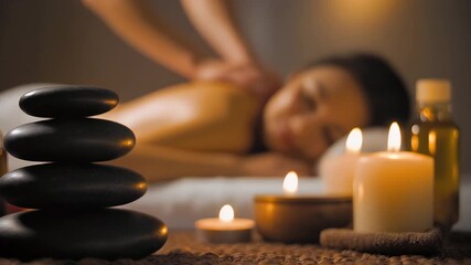 Relaxing spa day featuring hot stone massage for wellness and stress relief creating a serene and calming atmosphere with warm candlelight - Powered by Adobe