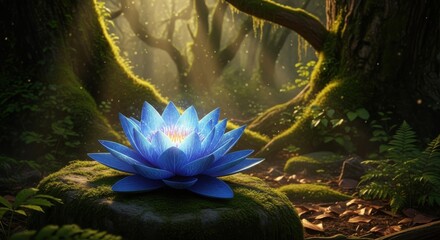 Enchanted blue lotus blooms in a mystical forest