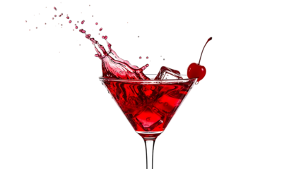 Red Cocktail Splash in Martini Glass with Cherry and Ice