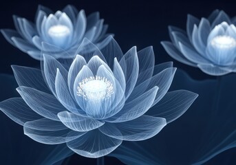 Ethereal glowing blue lotus flowers in the dark