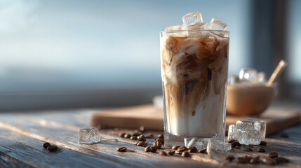 Refreshing iced coffee beverage with arabica beans on rustic wood surface
