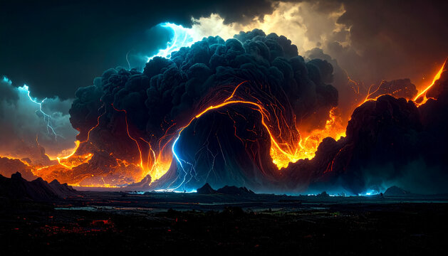 Central volcano erupting with lava and lightning in intense cinematic style at night