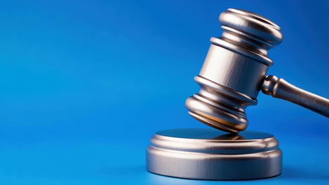 Judge gavel striking sounding block on blue background, courtroom justice legal decision making, judicial ruling legal proceedings, courtroom trial procedure, judiciary order enforcement