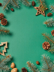 Natural wooden Christmas decoration and fir branches