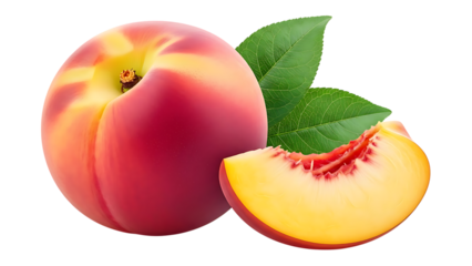 Ripe Peach with Slice and Leaves graphic image