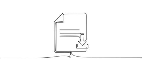 Continuous one line drawing of a digital file icon with a download symbol, depicting a file being downloaded, line art style vector illustration.