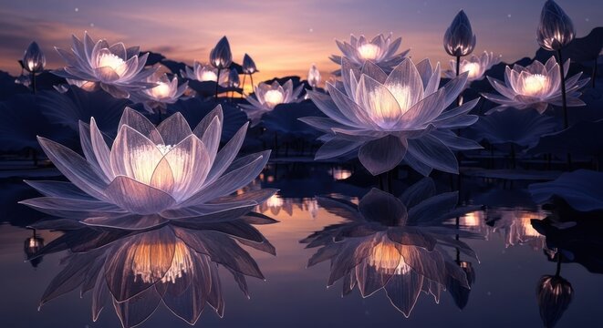 Magical glowing lotus flowers on a serene twilight lake - Powered by Adobe