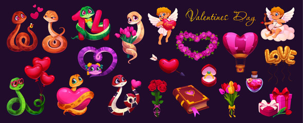 Obraz premium Cartoon Valentine day holiday characters and love symbols, vector hearts and cupids. Valentine day love characters of snakes couple with cherub angels on clouds, wedding ring and gifts with flowers