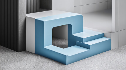 Minimalist Geometric Stage with Pastel Blue and White Cubic Shapes