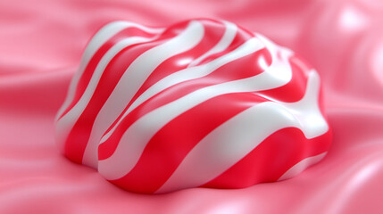 A sweet confectionery delight featuring a glossy pink and white striped, abstract wavy shaped candy resting on a soft, flowing pink fabric