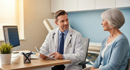 Obraz premium Attentive doctor reviewing test results on a tablet with senior patient in modern medical office, fostering trust and wellness in healthcare consultation