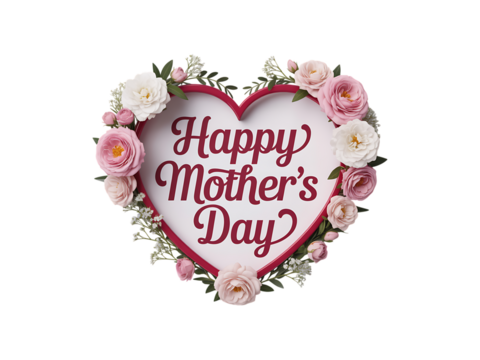 Heart shaped floral arrangement with Happy Mother's Day text isolated on a transparent background