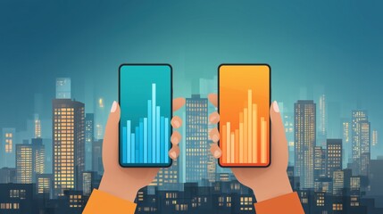 Two Smartphones Showing Data Charts over Cityscape