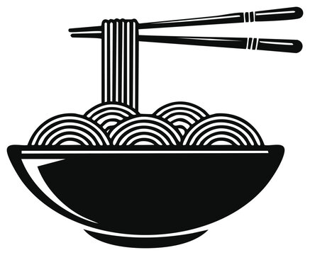 Minimalist black and white icon of Asian noodles in a bowl with chopsticks, a simple vector graphic for a restaurant