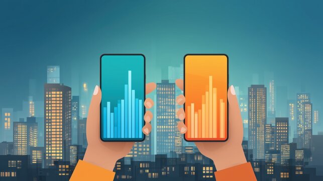 Two Smartphones Showing Data Charts over Cityscape - Powered by Adobe