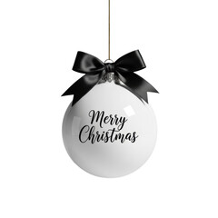Elegant white christmas bauble with 'merry christmas' calligraphy and a black satin bow hanging against a soft gray background. Minimalist holiday concept