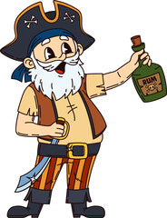 Corsair pirate drunk sailor groovy character. Buccaneer or privateer skipper, pirate captain funny vector isolated personage. Old grey haired pirate character in tricorn hat drinking rum and singing