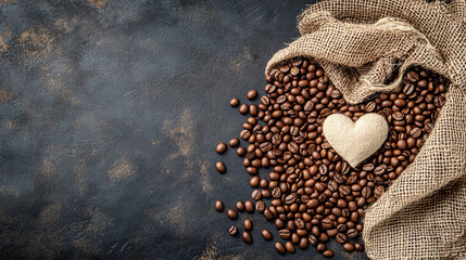 Heart-Shaped Delight Coffee Beans spilling from a burlap sack with a heart accent, a coffee lover's symbol