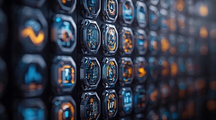 A wall of futuristic digital interface panels displaying glowing blue and orange lights, suggesting advanced technology and data.