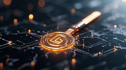 A close-up, futuristic image of a metallic key with a glowing emblem on its head, resting on a dark circuit board with illuminated lines and bokeh lights.