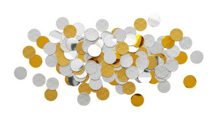 Elegant gold and silver confetti with metallic and glitter textures in a flat lay on a transparent background. Luxurious celebratory concept