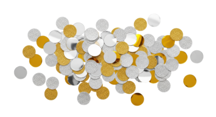 Elegant gold and silver confetti with metallic and glitter textures in a flat lay on a transparent background. Luxurious celebratory concept
