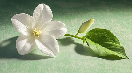 Delicate white flower with a green leaf and bud on a textured green background, showcasing natural beauty