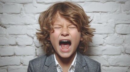 An emotional portrait captures a young boy expressing a strong feeling. Against a white brick wall, the boy's open mouth and scrunched eyes show intensity. His wild hair frames his face.