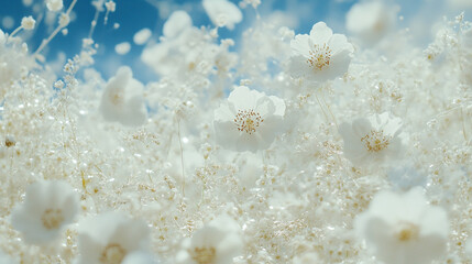 Dreamy Field of White Flowers A Serene Scene of Blossoms, Petals, and Nature's Beauty