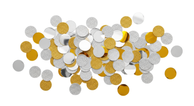 Elegant gold and silver confetti with metallic and glitter textures in a flat lay on a transparent background. Luxurious celebratory concept