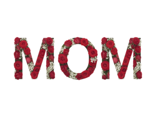 MOM spelled out with red roses and white baby's breath isolated on a transparent background