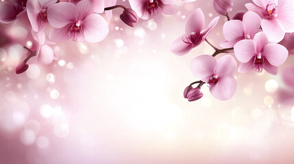Elegant branch of blooming pink phalaenopsis orchids against a soft, shimmering light background with beautiful bokeh effect