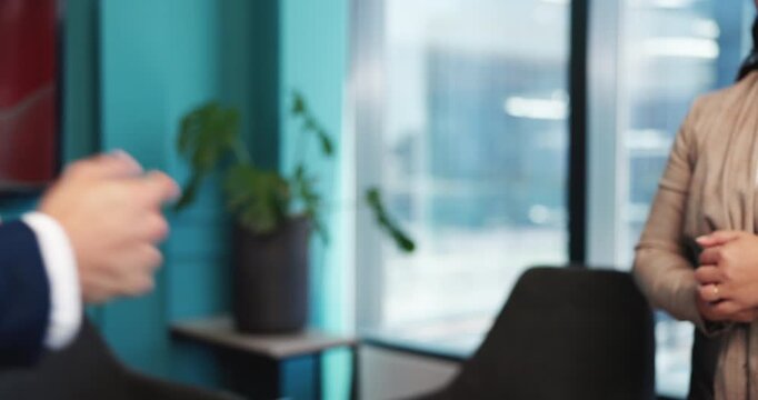 Business people, shaking hands and negotiation discussion in meeting for corporate deal or proposal. Handshake, man and woman in office for opportunity, collaboration and team support at company