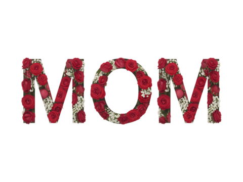MOM spelled out with red roses and white baby's breath isolated on a transparent background