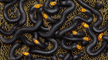 Intricate black snakes with vivid orange-red heads, densely coiled and intertwined on a golden mesh, forming a captivating reptilian pattern