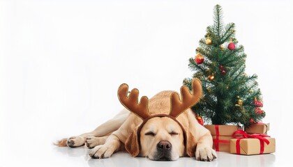 labrador retriever with antlers headban sleeping under christmas tree on white background