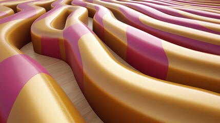 Dynamic 3D abstract background featuring undulating golden and magenta stripes, creating a captivating and fluid modern design with a rhythmic visual texture