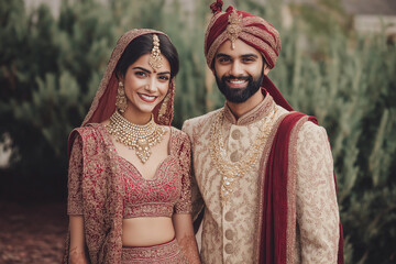 Traditional Indian wedding couple in elegant bridal attire, captured in warm, intimate portraits with rich details, jewelry and ceremonial clothing. Authentic, emotional and vibrant imagery. ai