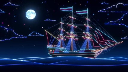 Neon outlined sailing ship moves across calm ocean waves under bright full moon in peaceful night environment with glowing sky elements - Powered by Adobe