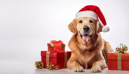 golden retriever with santa hat sitting next to christmas gifts on white background; free space for text