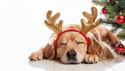 golden retriever with antlers headban sleeping under christmas tree on white background