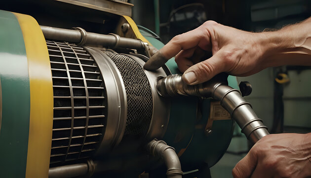 Mechanics hands inspecting an industrial machine