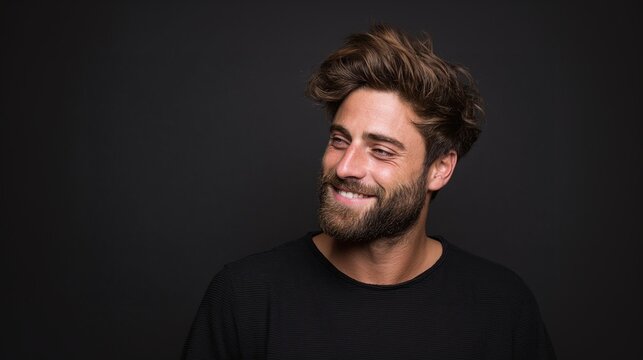 Smiling man with a beard looking away over a black background, styled hair and a black shirt. Expressing happiness, joy, and satisfaction in a portrait setting.