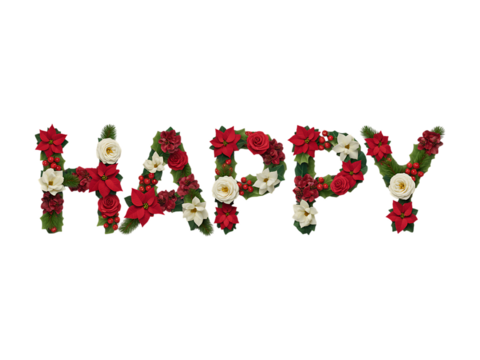 Happy word made of poinsettias roses and holly holiday isolated on a transparent background