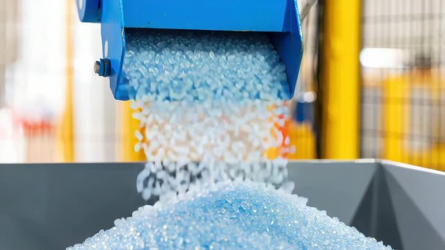 Blue plastic pellets pouring from a chute into industrial hopper, plastic resin granules for thermoplastic manufacturing, injection molding feedstock, recycling line, factory material flow