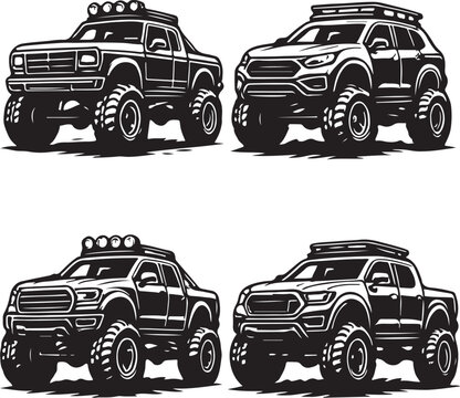 Four lifted off road 4x4 trucks vector illustration set in 22 layout.eps