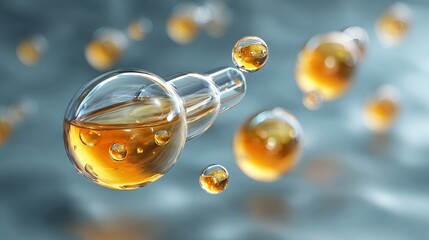 Glowing golden serum in glass bottle with floating droplets, promoting hydration and radiance for youthful skin and advanced scientific skincare solutions