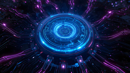 abstract blue background with circles, Futuristic Circular Digital Interface with Glowing Blue and Pink Circuits